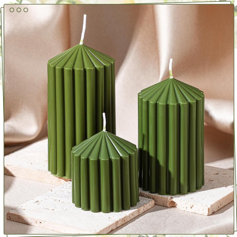 Conelist Set of 3 Ribbed Pillar Candles Soy Wax Scented Ribbed Candles Includes 2.8, 4.2 and 5.1 Inches Heights Romantic Decoration for Home Birthday Gift(Moss Green) - Image 4